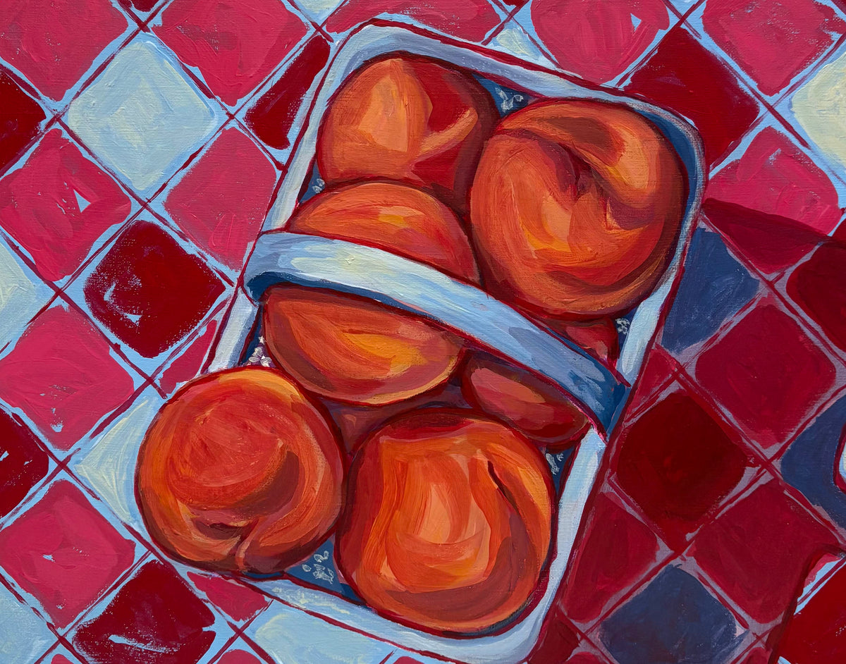 An expressive painting of a white plastic basket filled with several peaches, set against a red, pink, and light blue checkered patterned background.